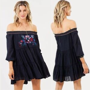Free People Sunbeams Embroidered Dress in Black Small Off Shoulders Bohemian